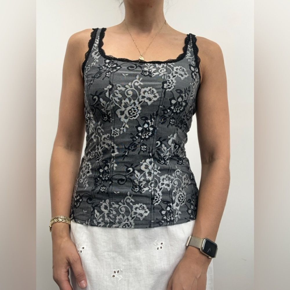 Y2K WHBM Gray Baroque Floral Corset Fitted Tank Lace Trim Cami Size S